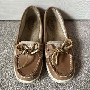 Sperry Angelfish Top Sider Metallic Leather & Linen Tan Boat Shoes Womens 6